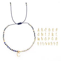 Link Bracelets Shinus Bohemian Multi Blue Tiny Gemstone Handcrafted 26 Letter Pattern Healing Crystal Beaded Stack For Women Men