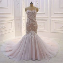 Modern Lace Plus Size Mermaid Wedding Dress Spaghetti Straps Beading Open Back 3D Flowers Bridal Gowns Vestidos De Noiva