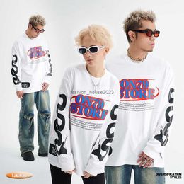 Lawfoo chic letter large print long sleeve T-shirt for men loose American street crew collar clothes