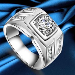 Wedding Rings Male Ring Men Sterling Silver 925 Vintage Mens White Gold Colour Classic Big Stone CZ Fashion Jewelry286Q