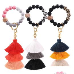 Party Favor Sile Beads Bracelet Keychain Three Layer Cotton Tassel Wrist Keyring Wooden Bead Bangle Key Ring Women Bag Pendant Decor Dhspa