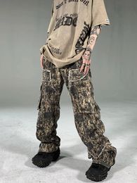 MADEEXTREME Maple Leaf Cargo Pants Tassels Distressed Camouflage Jeans Y2k Men's Jeans Men Clothing Baggy Jeans 231229