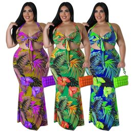Plus Size Printing Beach Women Two Pieces Set Sexy Colourful Pattern Halter Sleeveless Crop Tops Mermaid Party Skirt 231228