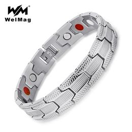 WelMag Fashion Bracelet Men Magnetic Bio Energy Stainless Steel Wide Silver Cuff Bracelets Homme Healing Jewellery Christmas Gifts256i