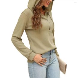 Women's Hoodies Women Hoodie Waffle Texture Pullover Top With Drawstring Hood Button Decor Soft Long Sleeve Solid Color Casual