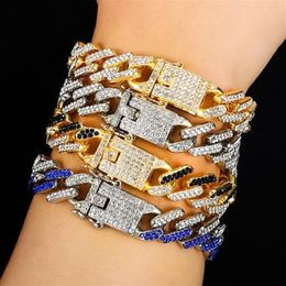 New Fashion Gold Plated Bling Colourful Diamond Mens Womens Hip Hop Black Red Blue Cuban Link Chain Bracelet Curb Raper Chains Gift291V