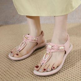 Sandals Retro Fashion Women Casual Open Toe Flat Beaded Comfortable Soft Bottom Platform Elastic Band Clip Sandalias
