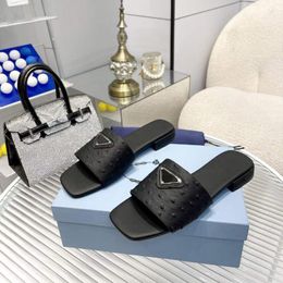 Famous Women Slippers Monolith Sandals Beach Fun Flat Sliders Italy Originals Black Rubber Calfskin Slides Triangle Badge Design Summer Office Slipper Box EU 35-43