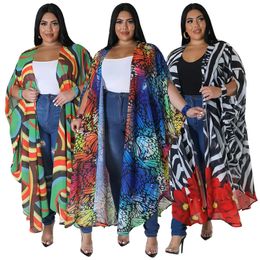 Summer Holidays Long Cardigan Women Coat Plus Size Loose Three Quarter Sleeves Printing Chiffon Oversize Coats Beach 231228