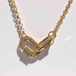 Peri'sBox Gold Colour Double Circle Carabiner Necklaces Micro Paving CZ Stone Necklaces for Women Pin Minimalist Necklace 2103270E