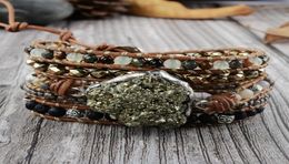 Raw Pyrite Boho Bracelet Mixed Natural Stones 5 Strands Wrap Bracelets Handmade Pyrite Charm Leather Bracelet Women Bracelets CX201397541