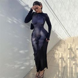 Casual Dresses European And American Fashionable Sexy Slim Long Sleeve Printed Maxi Dress Bodycon