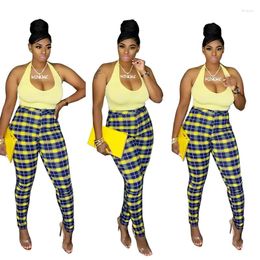 Women's Two Piece Pants Women Plaid Print Long Pant Set Summer Sleeveless 2 Pieces Tops And Tracksuits