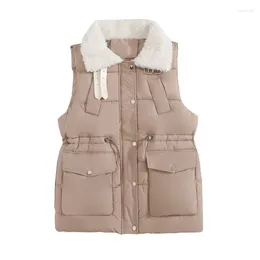 Women's Vests Women Spliced Imitation Lamb Hair Cotton Vest Drawstring Elegant Fashion Loose Casual Coat Winter Lady Thicken Sleeveless