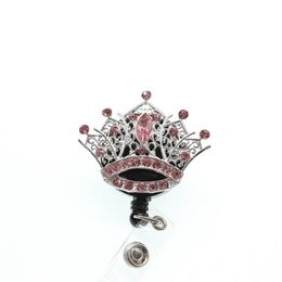 1pc 5pcs 10pcs Pink Rhinestone Crystal Crown Badge Reel Retractable ID Badge Holder For Nurse Student Staff213T