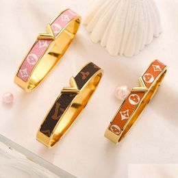 Bangle Stainless Steel Gold Leather Bracelets Women Luxury Designer Pink Letter Jewellery Gift Bangles Mens Bracelet Pendant Drop Deliv Dhszo