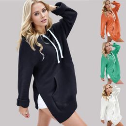 Casual Dresses Women'S Autumn Long Sleeve Sweater Dress Side Opening Solid Extended Pocket Hooded Drawstring Guard Women Clothing