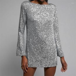 Casual Dresses Simple Fashion Glitter Sequins Sharkly Evening Dress Women Spring Crew Neck Slim Mini Autumn Long Sleeve Office Lady