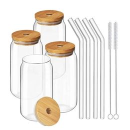 CA/USA Warehouse Hot Sale Beer Can-shaped Water Cup 16 Oz Glass with Bamboo Lid and Straw for Smoothies, Boba Tea, 1229