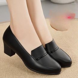 Dress Shoes Black Leather Thick Heel Simple Casual Artificial Pumps Pointed Toe Shallow Slip-on Women Work Spring Fall