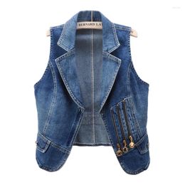 Women's Vests Autumn Korean Vintage Blue Suit Collar Denim Vest Women Waistcoat Slim Short Cowboy Sleeveless Jacket Casual Jeans Female