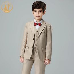 Nimble 2023 Frühling Herbst Formeller Anzug für Jungen Kinder Party Host Hochzeit Kostüm Mantel Weste Hosen 3 Stücke Khaki Großhandel Kleidung 231228