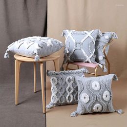 Pillow Grey Geometric Embroidery Cover Tassels Home Decor 45x45cm Sofa PillowCase Sham