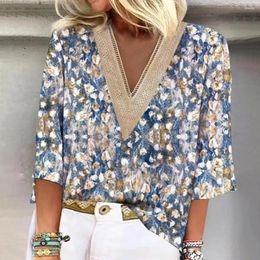 Women's Blouses Lady Loose Top Colourful Flower Print V Neck Hollow Out Three Quarter Sleeves A Stylish Breathable For Summer Spring