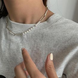 Chokers ALLME Temperament Imitation Pearl Necklace For Women Ladies Silver Colour Copper Alloy Chain Accessories320o