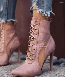 Boots Pink Suede Leather Sexy Cut Out Transpetent Pvc Lace Up High Heel Ankle Women Pointy Toe Elastic Short Biker Boot