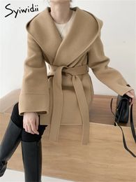 Женская шерстяная куртка Syiwidii, женская куртка на шнуровке с капюшоном, винтажная повседневная корейская модная теплая верхняя одежда средней длины 231228