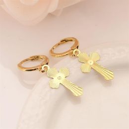 Wide Quality 14 ct Solid Gold GF Sleeper Hoop Dangle Earring with Cross Earrings NEW Religion Christianity307t