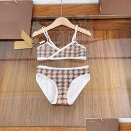 One-Pieces 23Ss Two-Piece Swimsuit Kids Girls Swimwear Designer Summer Lattice Print Pure Cotton Swim Wear Beach Bikinis Children Swim Dhlkc