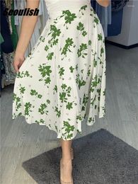 Skirts Seoulish 2023 Floral Printed Tulle Mi-long Women High Waist Female Fashion Umbrella Ladies Spring Summer