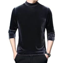 Men's Velvet Half Turtleneck Pullover T-Shirt Winter Basic Thick Solid Colour Long Sleeve Slim Fit T Shirts Tops Male Clothing 231228