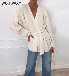 WOTWOY Sexy Vneck Knitted Cardigan Women Autumn Winter Long Sleeve Cropped Kimono Cardigans Female Solid Oversized Jumper 2011273015191