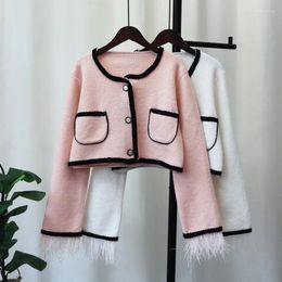 Women's Knits Faux Fur Feather Sleeve Knit Button Up Crop Top Short Cardigan Sweater Coat Autumn Fall Thin Knitted Cropped Women Slim Chic