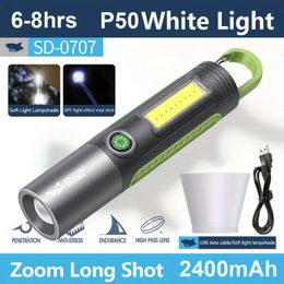1pc Powerful Zoomable Flashlight, Multifunctional Portable Flashlight With Hook, Telescopic Rechargeable COB Torch Light For Hiking Hunting Camping Outdoor