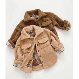 FocusNorm 0-5Y Winter Infant Kids Boys Wools Jacket Lapel Lengeve Fur Plaid長袖シングル胸肉の両面コート231229