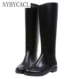 2024 Fashion Knee-high Rain Boots Women Autumn Waterproof Motorcycle Boots Female Slip-on Black Rainboots Galoshes Rubber 231228