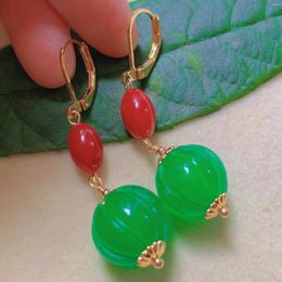 Dangle Earrings Fashion Natural Green Pumpkin Jade Beads Red Coral Gold Lucky Wedding Diy Jewellery VALENTINE'S DAY Beautiful Party