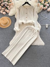 SINGREINY High Quality Knitted Twopiece Suit Long Sleeve Feather CardiganElastic Waist Skirt Fashion Gentle Sweater Set 231228