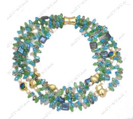 Choker Z13036 4Row 20" Blue Green Drop Faceted Crystal Gold-Plated Brushed Coin Ancient Glass White Pearl Necklace