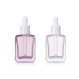 wholesale Transparent Purple Flat Square Glass Dropper Bottles Essence Sub bottling Essential Oil Perfume Bottle 30ml 1oz ZZ