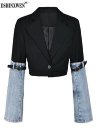 Eshin Autumn Fashion Women's Denim Patchwork Blazer Notched Collar Single Button Long Sleeve Short Suit Jackets TH5165 231229