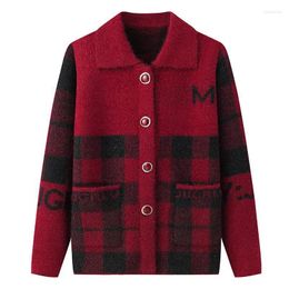 Women's Knits #2988 Mohair Plaid Cardigan Coat Women Middle Aged Vintage Knitted Sweater Turn-down Collar Single Breasted Knitwear