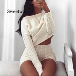 Women Two Piece Set Knitted Long Sleeve Crop Tops And Bodycon Shorts Suit Sexy 2 Outfits 231228