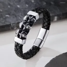 Charm Bracelets Fashion Personality Creative Skull Black Leather Men's Bracelet Hip Hop Punk Casual Jewellery And Accessories Gift