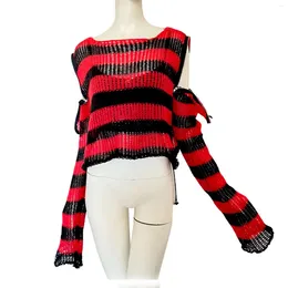 Women's Sweaters Gothic Hollow Short Striped Sweater Subcultural Zipper Off Shoulder Punk Loose Knit Sueter Punto Mujer
