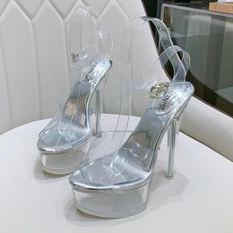 Heels Women Summer Sandals Female Model T Station Catwalk Ladies Sexy PVC Transparent Shoes 14cm Thin High Heels Platform Sandal B0097